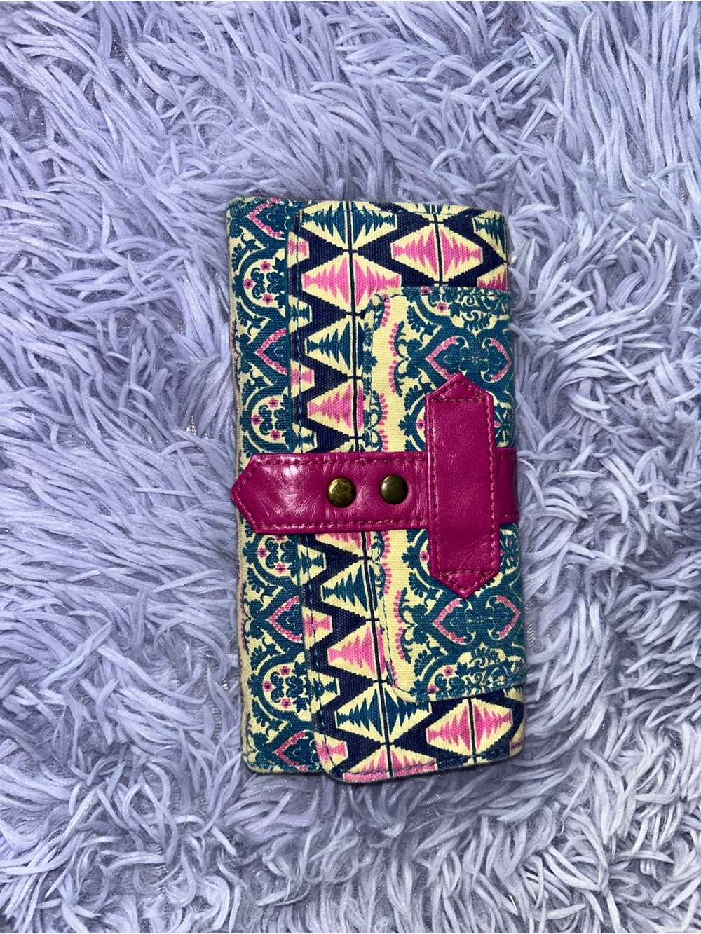 Geometric Tribal Print Wallet with Pink Strap